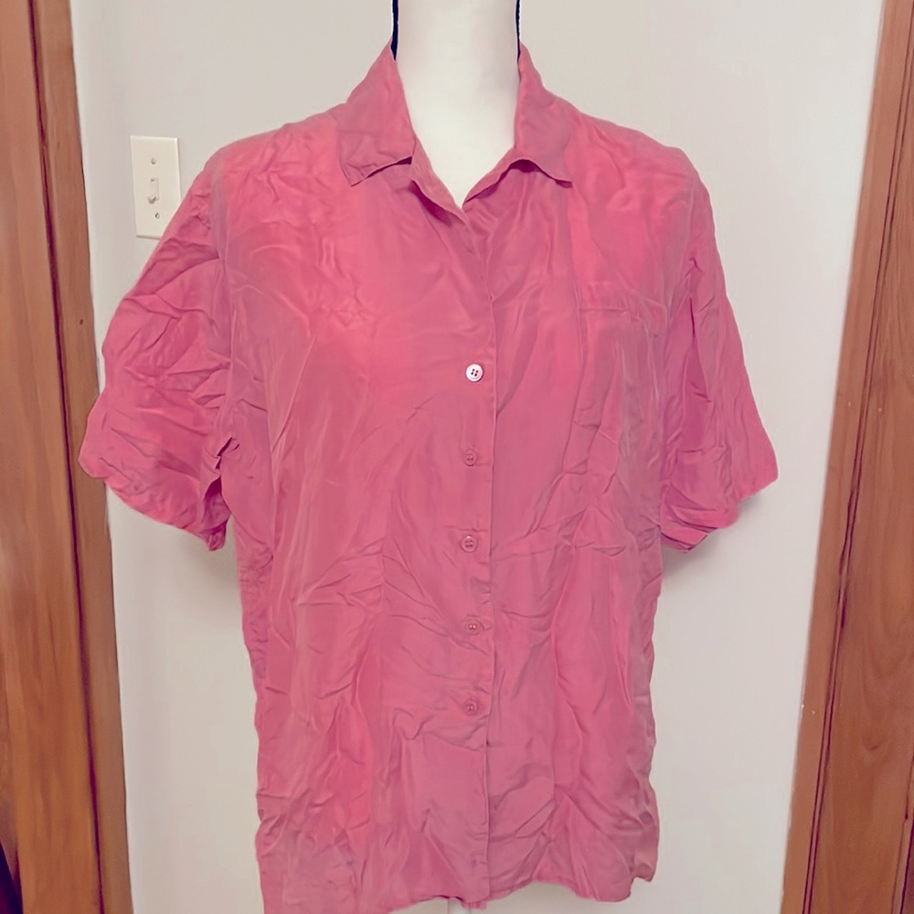 Vintage The Kazbah Club 100% Silk Button Down Short-Sleeve Pink Shirt - Size M